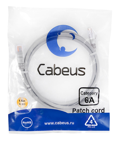 Cabeus PC-UTP-RJ45-Cat.6a-1.5m-LSZH Патч-корд U/UTP, категория 6а (10G), 2xRJ45/8p8c, неэкранированный, серый, LSZH, 1.5м