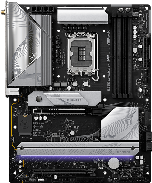 Фото ASROCK B860 LIVEMIXER WIFI, LGA1851, B860, 4*DDR5, 4*SATA, 3*M.2, 6*USB 3.2, 6*USB 2.0, Type-C, 2*PCIx16, 1*M.2 (Key E), HDMI, ATX
