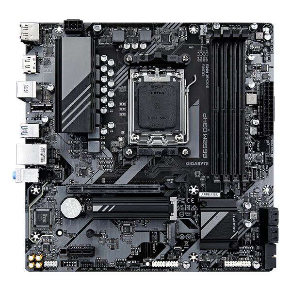 Фото GIGABYTE B650M D3HP, AM5, B650, 4*DDR5, 4*SATA, 2*M.2, 3*USB 3.2, 2*USB 2.0, Type-C, 1*PCIx16, 1*PCIx1, 2*DP+HDMI, mATX