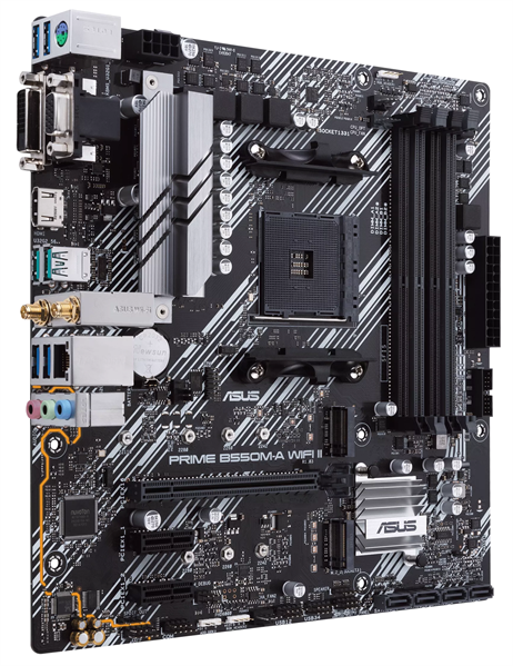 Фото ASUS PRIME B550M-A WIFI II, AM4, B550, 4*DDR4, 4*SATA, 2*M.2, 6*USB 3.2, 2*PCIx16, 2*PCIx1, DVI-D+HDMI+D-Sub, mATX ; 90MB19X0-M0EAY0
