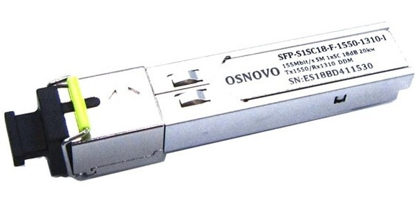 OSNOVO SFP-S1SC18-F-1550-1310-I Оптический SFP Модуль промышленный. Одно волокно Single Mode. Скорость: до 155 мбит/c. Тип разъема: SC. Оптический бюджет: 18дБ. Расстояние передачи - до 20км. Рабочая