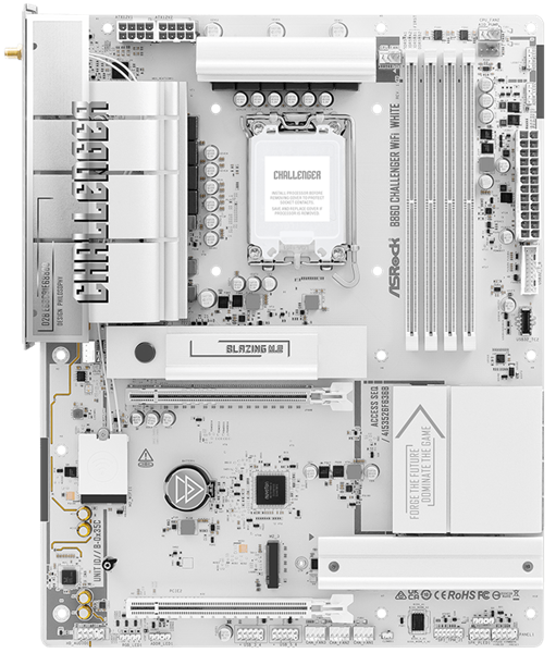 Фото ASROCK B860 Challenger WiFi White, LGA1851, B860, 4*DDR5, 4*SATA, 4*M.2, 4*USB 3.2, 2*USB 2.0, Type-C, 2*PCIx16, 1*M.2 (Key E), HDMI, ATX