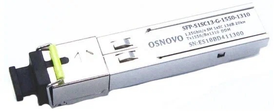 OSNOVO SFP-S1LC13-G-1550-1310 Оптический SFP Модуль. Одно волокно Single Mode. Скорость: до 1,25 Гбит/c. Тип разъема: LC. Оптический бюджет: 13дБ. Расстояние передачи - до 20км. Рабочая длина волны,нм