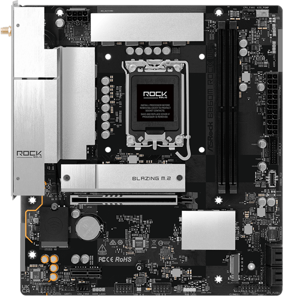 Фото ASROCK B860M Rock WiF, LGA1851, B860, 4*DDR5, 4*SATA, 4*M.2, 4*USB 3.2, 3*USB 2.0, Type-C, 2*PCIx16, 1*M.2 (Key E), HDMI, mATX