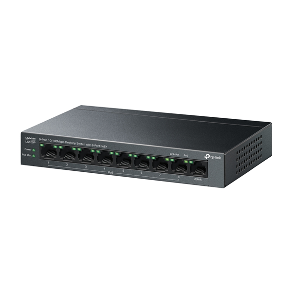 Фото TP-Link LS109P, 9-Port 10/100 Mbps Desktop Switch with 8-Port PoE+, 63 W, 250m
