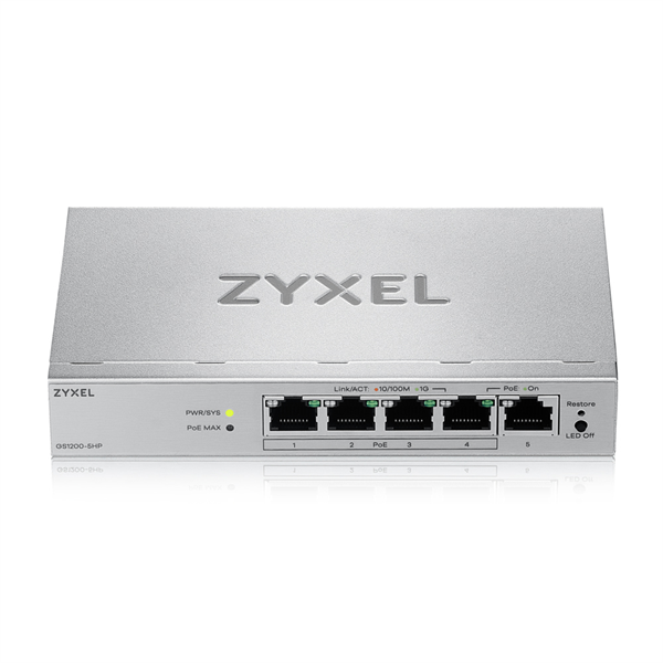 Фото Web Smart L2 коммутатор Zyxel GS1200-5HPv3, 5xGE (4xPoE+), бюджет PoE 68 Вт, настольный, бесшумный