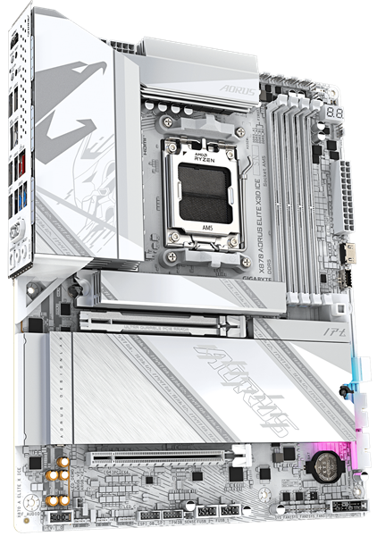 Фото GIGABYTE X870 AORUS ELITE X3D ICE, AM5, X870, 4*DDR5, 2*SATA, 4*M.2, 6*USB 3.2, 1*USB 2.0, 2*Type-C, 3*PCIx16, HDMI, ATX