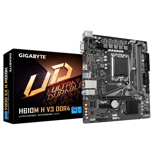Фото GIGABYTE H610M H V3 DDR4, LGA1700, H610, 2*DDR4, 4*SATA, 1*M.2, 2*USB 3.2, 4*USB 2.0, 1*PCIx16, 1*PCIx1, D-Sub+HDMI, mATX