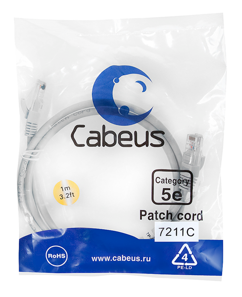  Cabeus PC-UTP-RJ45-Cat.5e-1m Патч-корд U/UTP, категория 5е, 2xRJ45/8p8c, неэкранированный, серый, PVC, 1м