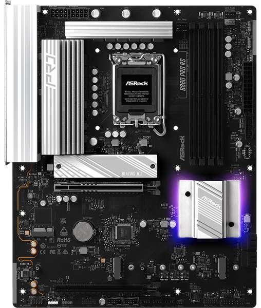 Фото ASROCK B860 PRO RS, LGA1851, B860, 4*DDR5, 4*SATA, 4*M.2, 6*USB 3.2, 2*USB 2.0, Type-C, 2*PCIx16, 1*M.2 (Key E), HDMI+DP, ATX