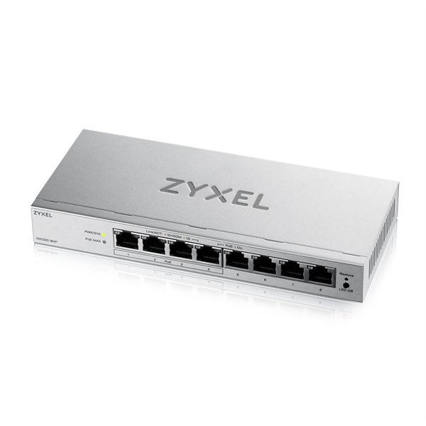 Фото Web Smart L2 коммутатор Zyxel GS1200-8HPv3, 8xGE (4xPoE+), бюджет PoE 68 Вт, настольный, бесшумный