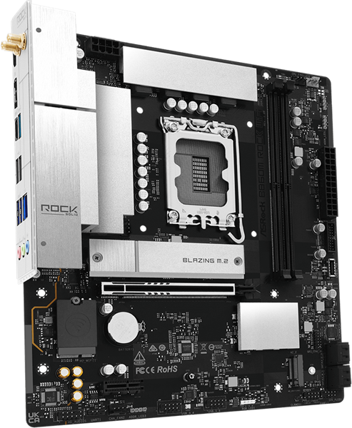 Фото ASROCK B860M Rock WiF, LGA1851, B860, 4*DDR5, 4*SATA, 4*M.2, 4*USB 3.2, 3*USB 2.0, Type-C, 2*PCIx16, 1*M.2 (Key E), HDMI, mATX