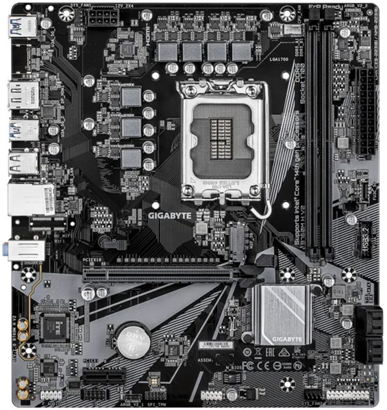 Фото GIGABYTE B760M H V2, LGA1700, B760, 2*DDR5, 4*SATA, 2*M.2, 4*USB 3.2, 2*USB 2.0, 1*PCIx16, 2*PCIx1, D-Sub+HDMI, mATX