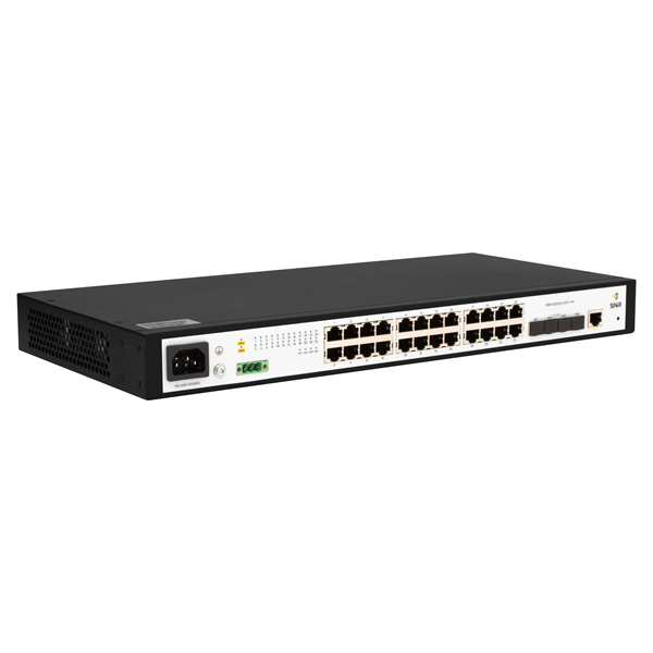 Фото SNR Управляемый коммутатор уровня 2+, 24 порта 10/100/1000Base-T, 4 порта 1/10G SFP+, встроенный БП ~220V AC, разъем для АКБ 12V с возможностью заряда