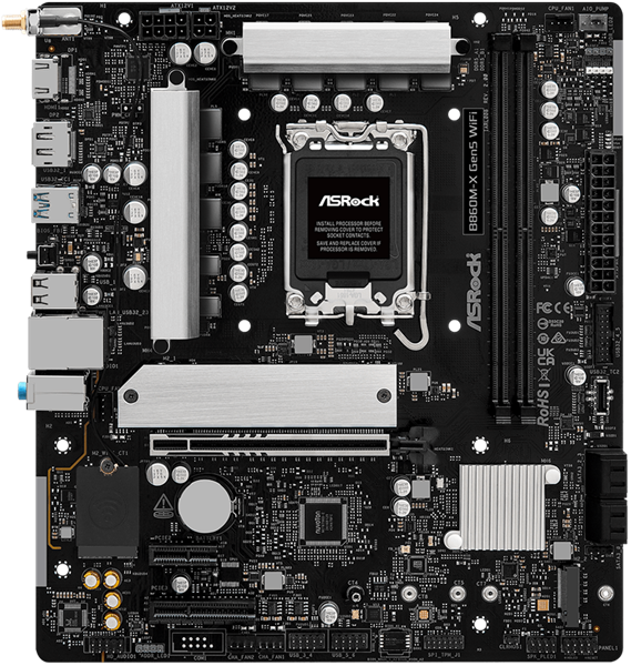 Фото ASROCK B860M-X Gen5 WiFi, LGA1851, B860, 2*DDR5, 4*SATA, 2*M.2, 3*USB 3.2, 2*USB 2.0, Type-C, 2*PCIx16, 1*M.2 (Key E), HDMI+DP, mATX
