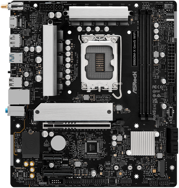 Фото ASROCK B860M-X Gen5 WiFi, LGA1851, B860, 2*DDR5, 4*SATA, 2*M.2, 3*USB 3.2, 2*USB 2.0, Type-C, 2*PCIx16, 1*M.2 (Key E), HDMI+DP, mATX