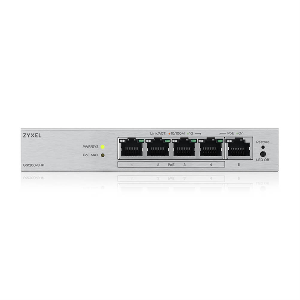 Web Smart L2 коммутатор Zyxel GS1200-5HPv3, 5xGE (4xPoE+), бюджет PoE 68 Вт, настольный, бесшумный