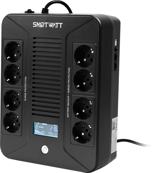 SMARTWATT ИБП линейно-интерактивный, мощность 600/360 ВА/Вт, напольный/настенный, LCD дисплей, Shuko CEE7/4 - 8 шт. (4 шт. с резервным питанием, 4 шт. - сетевой фильтр), встроенные АКБ (3703020280001)