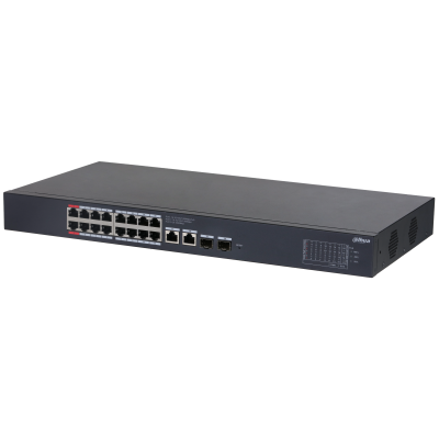 DAHUA 16-портовый гигабитный PoE коммутатор с функцией облачного управления Порты: 16 RJ45 10/100/1000Мбит/с (PoE/PoE+/Hi-PoE), 2 RJ45 10/100/1000Мбит/с (uplink), 2 SFP 1000Мбит/с (uplink); мощность