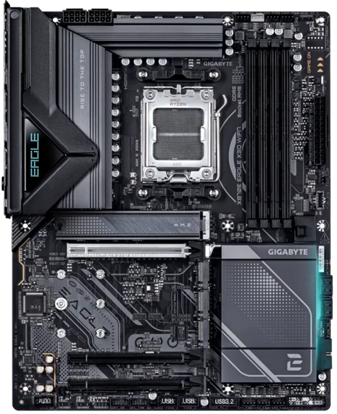 Фото GIGABYTE X870E EAGLE X3D WIFI7, AM5, X870, 4*DDR5, 4*SATA, 4*M.2, 5*USB 3.2, Type-C, 3*PCIx16, HDMI, ATX