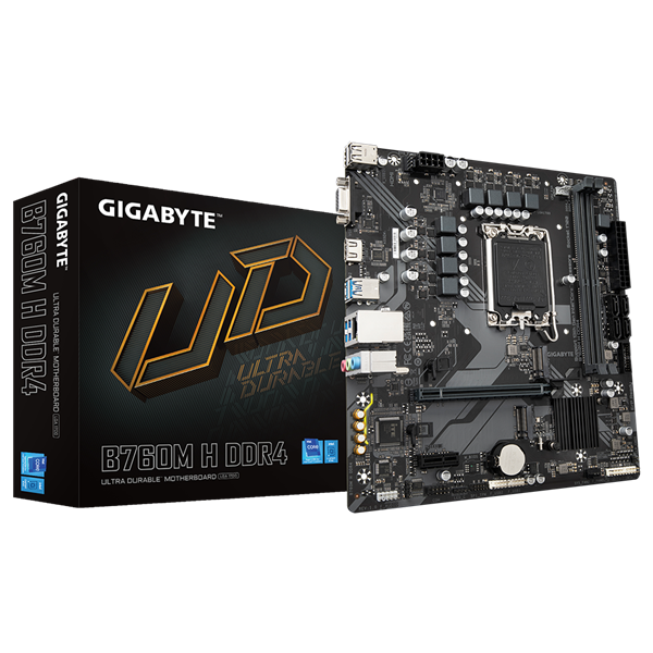 Фото GIGABYTE B760M H DDR4, LGA1700, B760, 2*DDR4, 4*SATA, 2*M.2, 4*USB 3.2, 2*USB 2.0, 1*PCIx16, 2*PCIx1, D-Sub+HDMI, mATX