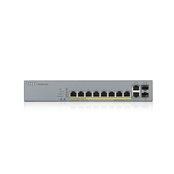 Фото Smart L2 PoE+ для IP-видеокамер Zyxel NebulaFlex Pro GS1350-12HP, rack 19", 10xGE (8xPoE+), 2xSFP, бюджет PoE 130 Вт, питание до 250м, автоперезагрузка PoE-портов