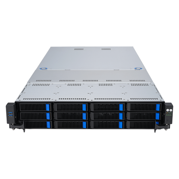 Фото ASUS RS520A-E12-RS12U: 2U, 1x AMD EPYC 9004 SP5, 24x DDR5 RDIMM, 12x NVMe, 2x rear 2.5 SATA, 5x PCIe 5.0, 2x M.2, OCP 3.0, up to 2x dual-slot GPU, 2x 1600W PSU