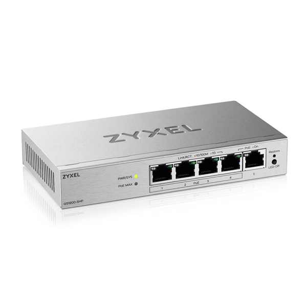 Фото Web Smart L2 коммутатор Zyxel GS1200-5HPv3, 5xGE (4xPoE+), бюджет PoE 68 Вт, настольный, бесшумный