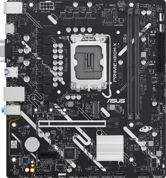Фото ASUS PRIME H810M-K, LGA1851, H810, 2*DDR5, 4*SATA, 1*M.2, 2*USB 3.2, 4*USB 2.0, 1*PCIx16, 1*PCIx1, HDMI+VGA, mATX; 90MB1N10-M0EAY0