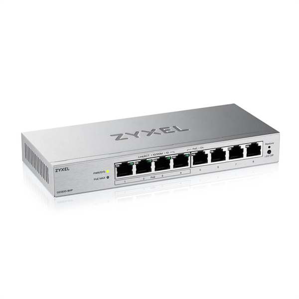 Фото Web Smart L2 коммутатор Zyxel GS1200-8HPv3, 8xGE (4xPoE+), бюджет PoE 68 Вт, настольный, бесшумный