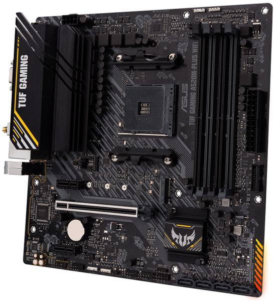 Фото ASUS TUF GAMING A520M-PLUS WIFI, Socket AM4, A520, 4*DDR4, D-Sub+DVI+HDMI, SATA3 + RAID, Audio, Gb LAN, USB 3.2*7, USB 2.0*5, COM*1 header (w/o cable), mATX ;90MB17F0-M0EAY0