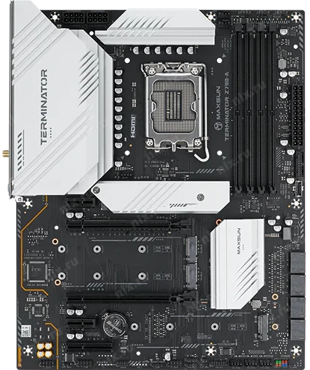 Фото MAXSUN MS-Terminator Z790-A WIFI, LGA1700, Z790, 4*DDR5, 4*SATA3,4*M.2, USB 3.2, USB 2.0, Type-C, 1*PCIEx16, 1*PCIEx4, 1*PCIEx1, HDMI+DP, ATX