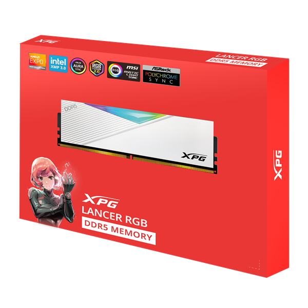 Фото ADATA LANCER RGB DDR5 DIMM 32GB 6400MHz 2*16GB 32-39-39 1.4V WHITE DUAL COLOR BOX