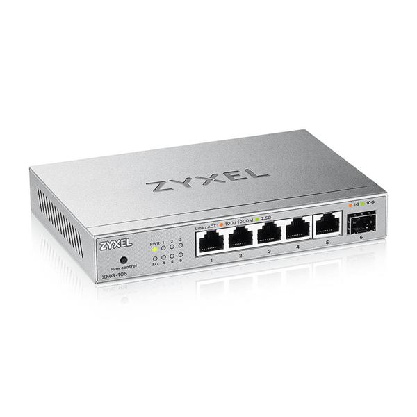 Мультигигабитный коммутатор Zyxel XMG-105, 5xRJ-45: 1/2.5G, 1xSFP+, настольный, бесшумный