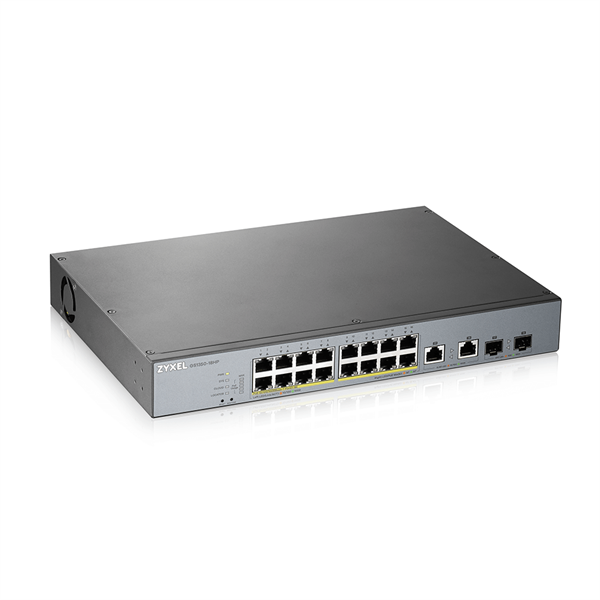 Smart L2 PoE+ для IP-видеокамер Zyxel NebulaFlex Pro GS1350-18HP, rack 19", 16xGE PoE+, 2xCombo (SFP/RJ-45), бюджет PoE 250 Вт, питание до 250м, автоперезагрузка PoE-портов