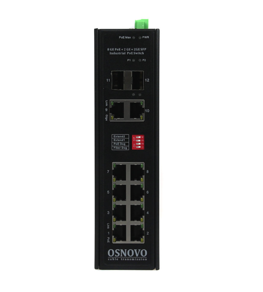 Фото OSNOVO SW-80822/IR Промышленный PoE коммутатор Gigabit Ethernet на 10 портов. Порты: 2 x GE (10/100/1000Base-T) с PoE BT (до 90W) + 6 x GE (10/100/1000Base-T) с PoE (до 30W) + 2 x GE RJ45 (10/100/1000