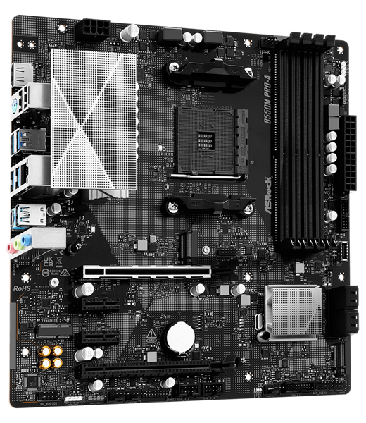 Фото ASROCK B550M PRO-A, AM4, B550, 4*DDR4, 4*SATA, 2*M.2, 5*USB 3.2, 2*USB 2.0, Type-C, 6*PCIx16, 1*PCIx1, 1xM.2 (Key E), HDMI, mATX