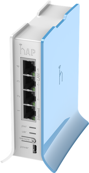 MikroTik hAP lite with 650MHz CPU, 32MB RAM, 4xLAN, built-in 2.4Ghz 802.11b/g/n 2x2 two chain wireless with integrated antennas, RouterOS L4, tower case, PSU