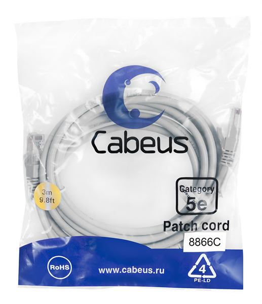 Фото Cabeus PC-UTP-RJ45-Cat.5e-3m-LSZH Патч-корд U/UTP, категория 5е, 2xRJ45/8p8c, неэкранированный, серый, LSZH, 3м