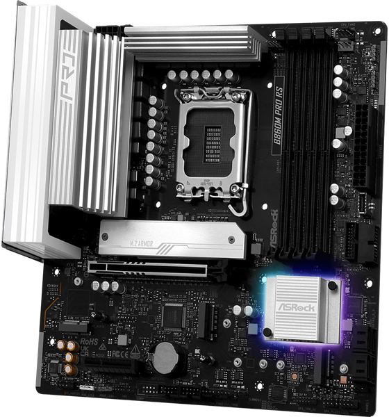 Фото ASROCK B860M PRO RS, LGA1851, B860, 4*DDR5, 4*SATA, 4*M.2, 6*USB 3.2, 2*USB 2.0, Type-C, 2*PCIx16, 1*M.2 (Key E), HDMI+DP, mATX