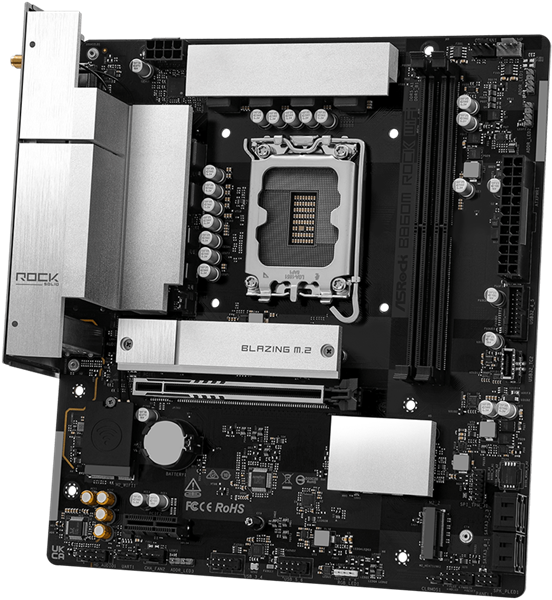 Фото ASROCK B860M Rock WiF, LGA1851, B860, 4*DDR5, 4*SATA, 4*M.2, 4*USB 3.2, 3*USB 2.0, Type-C, 2*PCIx16, 1*M.2 (Key E), HDMI, mATX