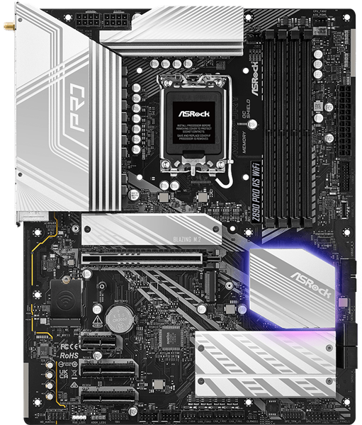 Фото ASROCK Z890 PRO RS WIFI, LGA1851, Z890, 4*DDR5, 4*SATA, 4*M.2, 3*USB 3.2, 4*USB 2.0, 2*Type-C, 1*PCIx16, 2*PCIx4, 1*M.2 (Key E), HDMI+DP, ATX