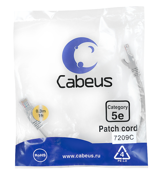 Фото Cabeus PC-UTP-RJ45-Cat.5e-0.3m Патч-корд U/UTP, категория 5е, 2xRJ45/8p8c, неэкранированный, серый, PVC, 0.3м