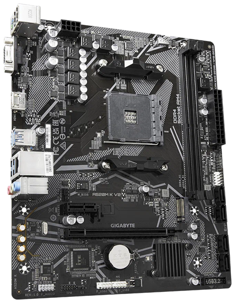 Фото GIGABYTE A520M K V2, AM4, A520, 2*DDR4, 4*SATA, 1*M.2, 4*USB 3.2, 2*USB 2.0, 1*PCIx16, 1*PCIx1, D-Sub+HDMI, mATX