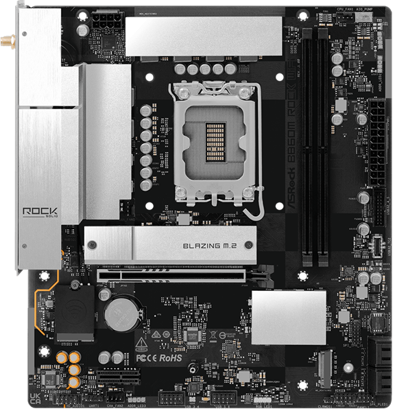 Фото ASROCK B860M Rock WiF, LGA1851, B860, 4*DDR5, 4*SATA, 4*M.2, 4*USB 3.2, 3*USB 2.0, Type-C, 2*PCIx16, 1*M.2 (Key E), HDMI, mATX