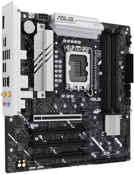 Фото ASUS B860M MAX GAMING AX, LGA1851, B860, 4*DDR5, 4*SATA, 3*M.2, 4*USB 3.2, 4*USB 2.0, Type-C, 2*PCIx16, DP, mATX; 90MB1JZ0-M0EAY0