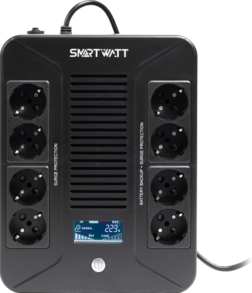 Фото SMARTWATT ИБП линейно-интерактивный, мощность 600/360 ВА/Вт, напольный/настенный, LCD дисплей, Shuko CEE7/4 - 8 шт. (4 шт. с резервным питанием, 4 шт. - сетевой фильтр), встроенные АКБ (3703020280001)