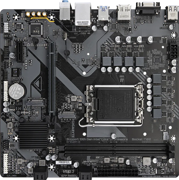 Фото GIGABYTE B760M E, LGA1700, B760, 2*DDR5, 4*SATA, 2*M.2, 4*USB 3.2, 2*USB 2.0, 1*PCIx16, 1*PCIx1, HDMI+DP, mATX