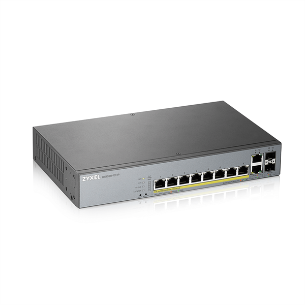 Smart L2 PoE+ для IP-видеокамер Zyxel NebulaFlex Pro GS1350-12HP, rack 19", 10xGE (8xPoE+), 2xSFP, бюджет PoE 130 Вт, питание до 250м, автоперезагрузка PoE-портов
