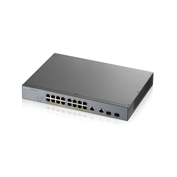 Фото Smart L2 PoE+ для IP-видеокамер Zyxel NebulaFlex Pro GS1350-18HP, rack 19", 16xGE PoE+, 2xCombo (SFP/RJ-45), бюджет PoE 250 Вт, питание до 250м, автоперезагрузка PoE-портов